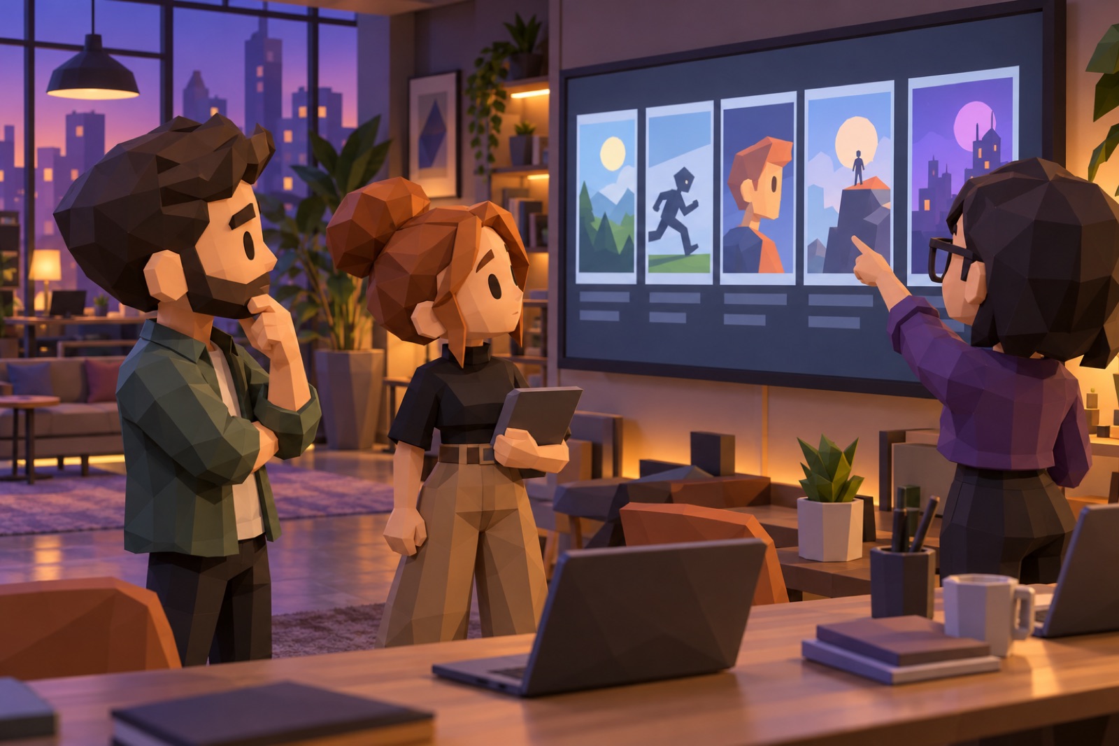 Low-poly agency characters reviewing a storyboard on a wall screen