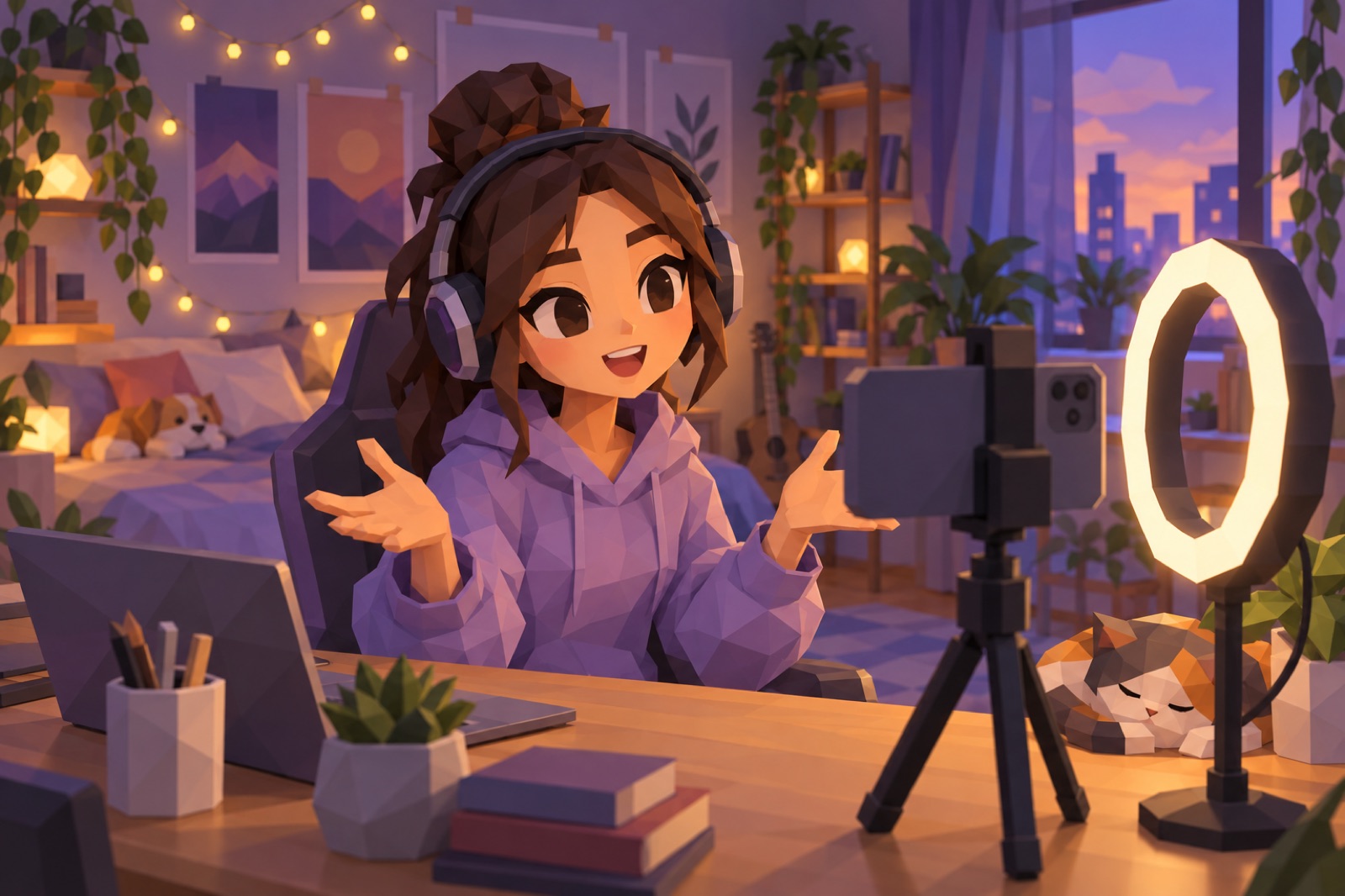 A low-poly creator character recording a video at her desk